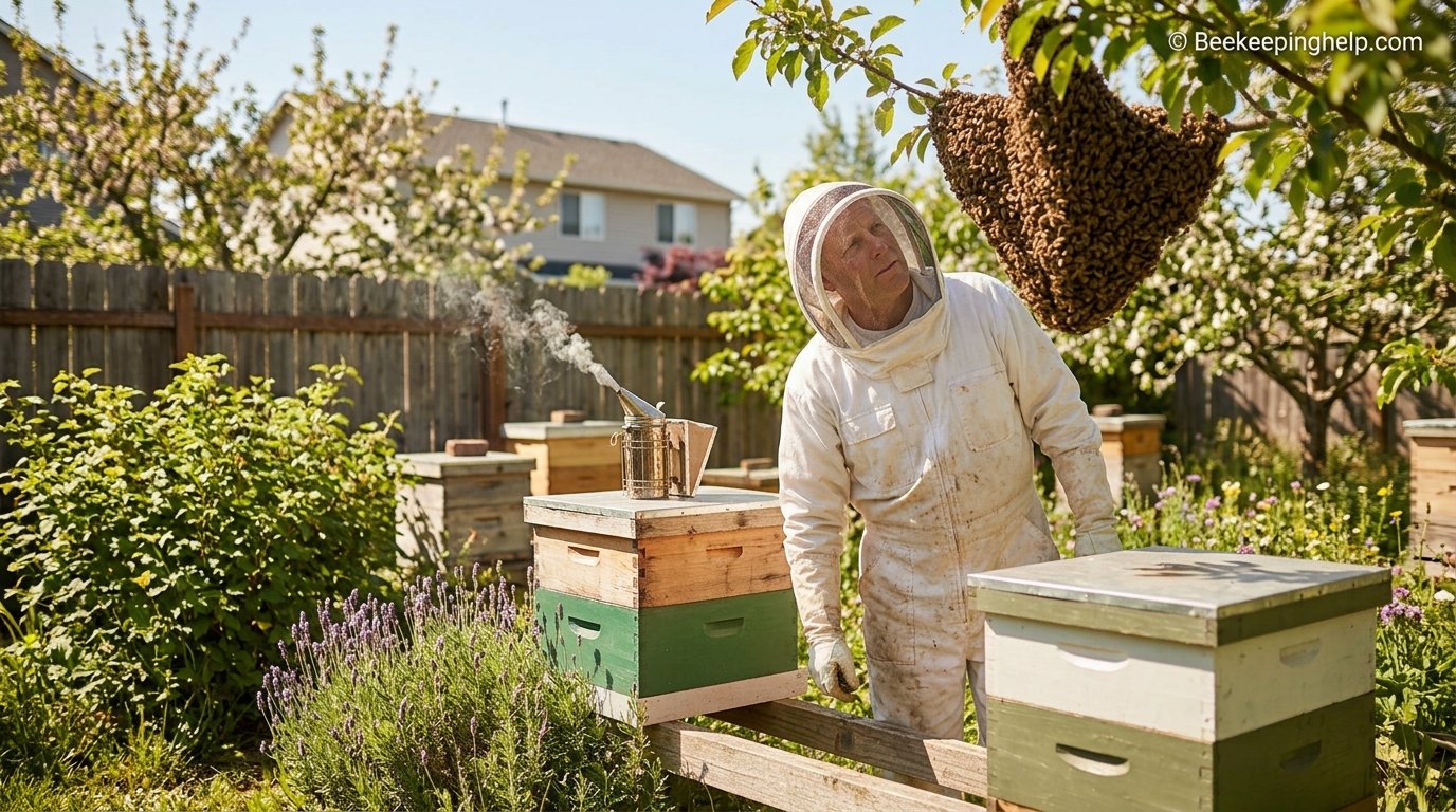 Beekeeper observing a swarm of bees clustered on a tree branch
