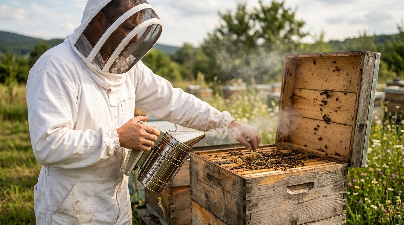 Beekeeper using a lit bee smoker beside an open hive