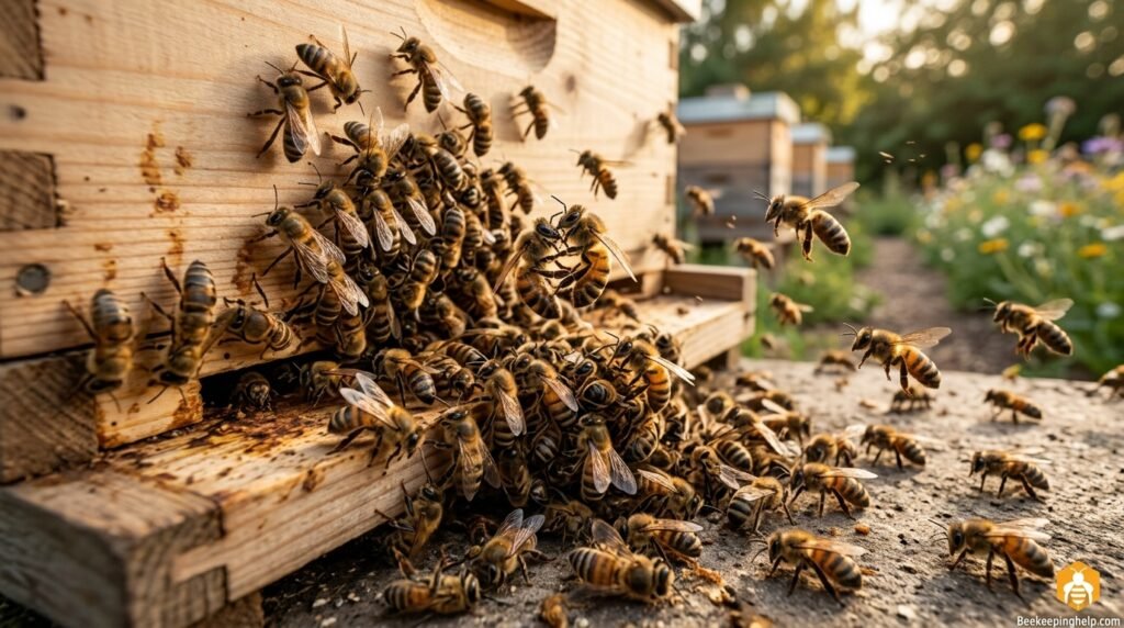 Bees clustered and fighting at a hive entrance during a robbing event