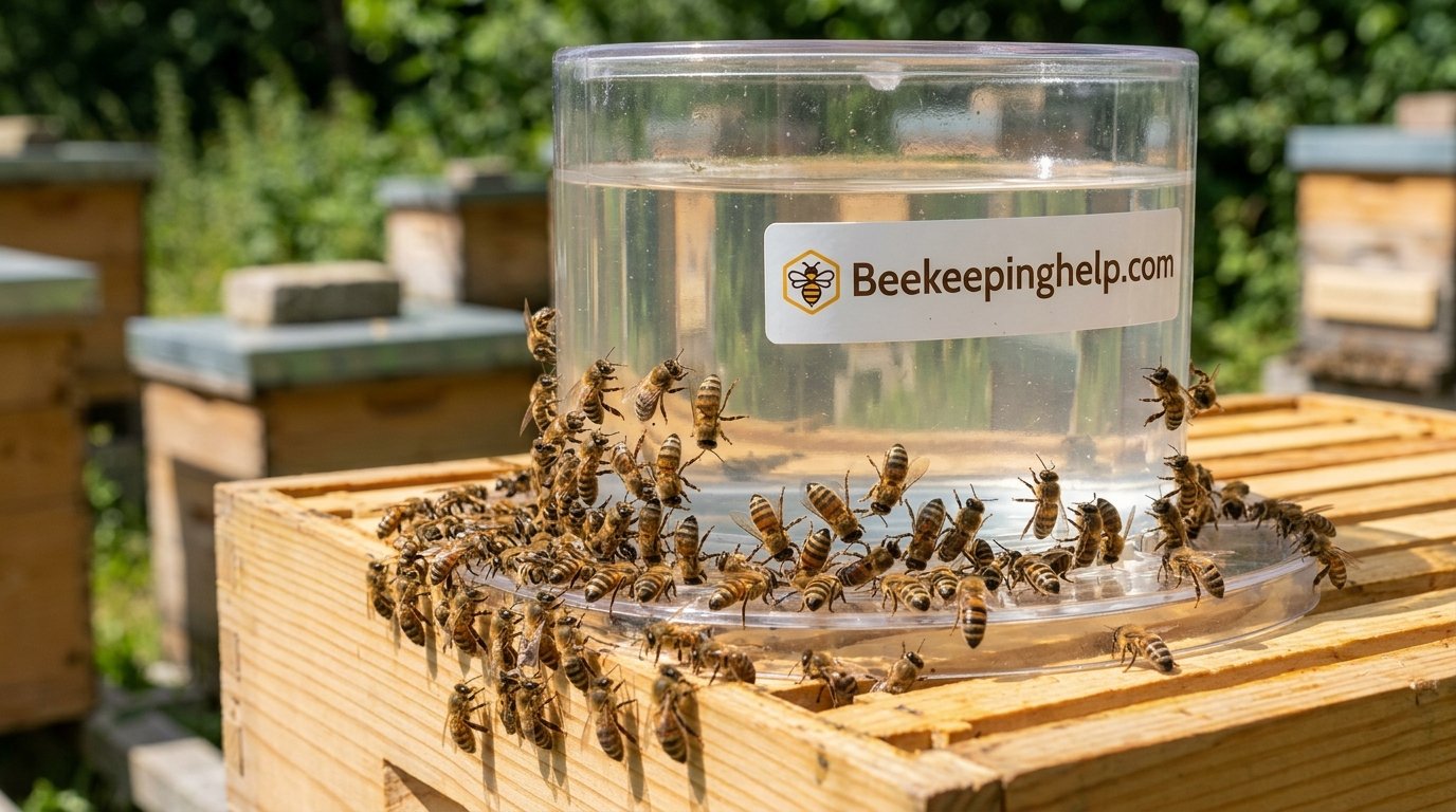 Bees drinking syrup from a feeder
