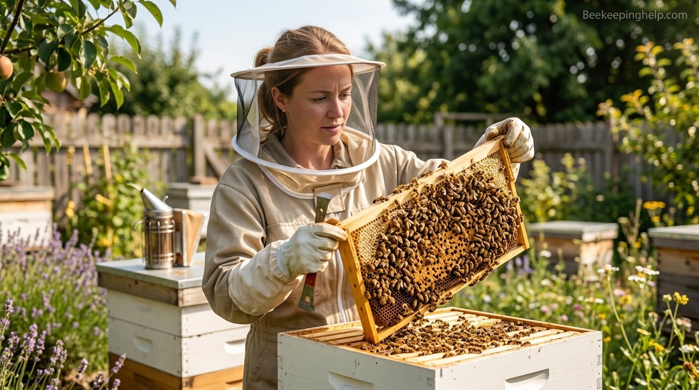 Beginner beekeeper inspecting a wooden hive frame covered in bees