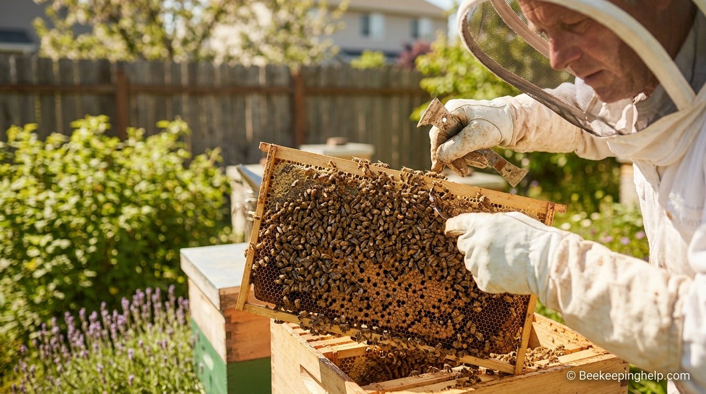 Close-up of a beekeeper inspecting a frame full of bees