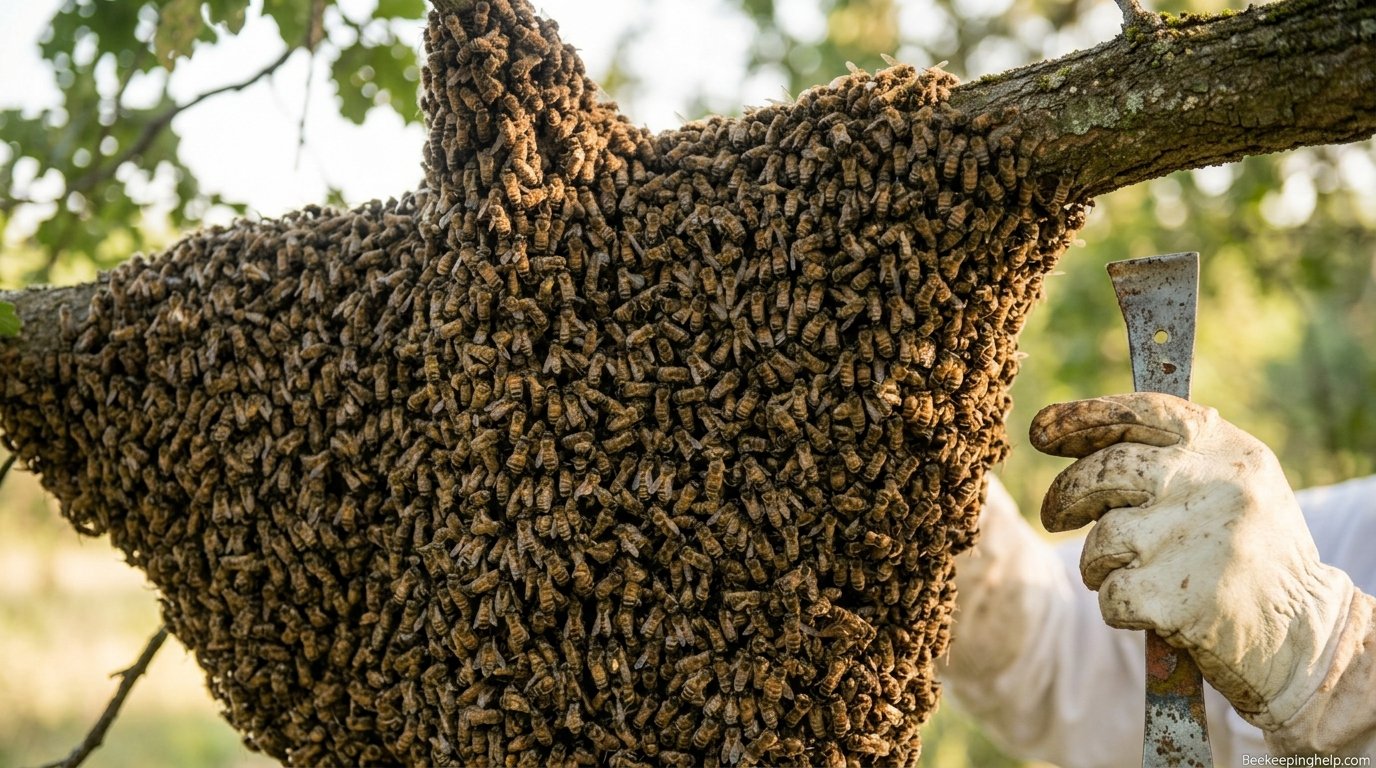 Close-up of a swarm cluster hanging from a branch during a beekeeping inspection