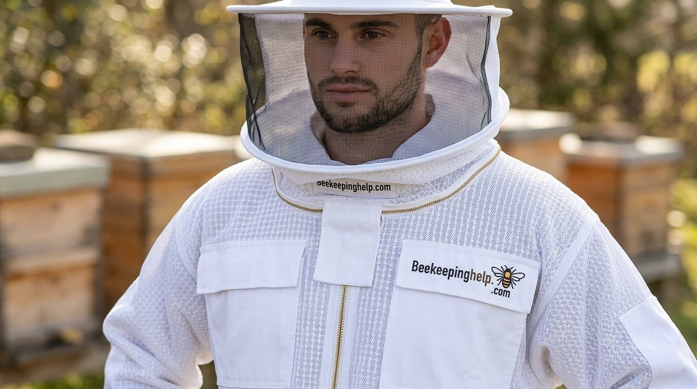 Close-up of a ventilated three-layer beekeeping jacket and fencing veil