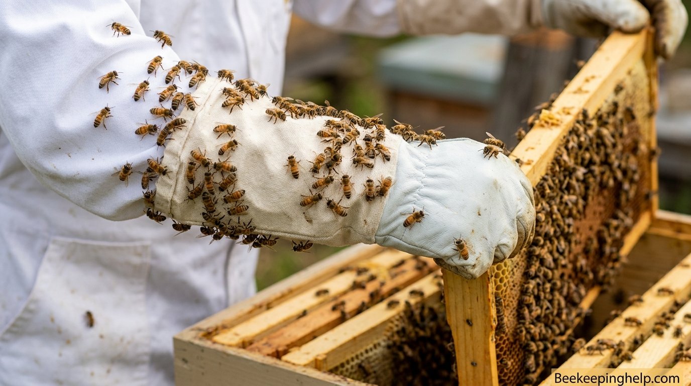 Close-up of a white beekeeping suit sleeve and glove covered in bees during a hive inspection