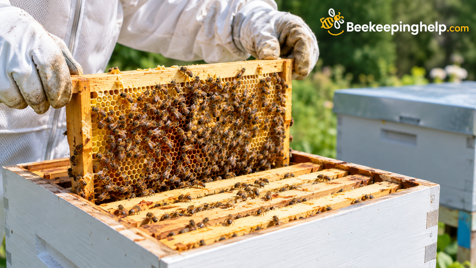 Close-up of bee frames being lifted out of a nuc box