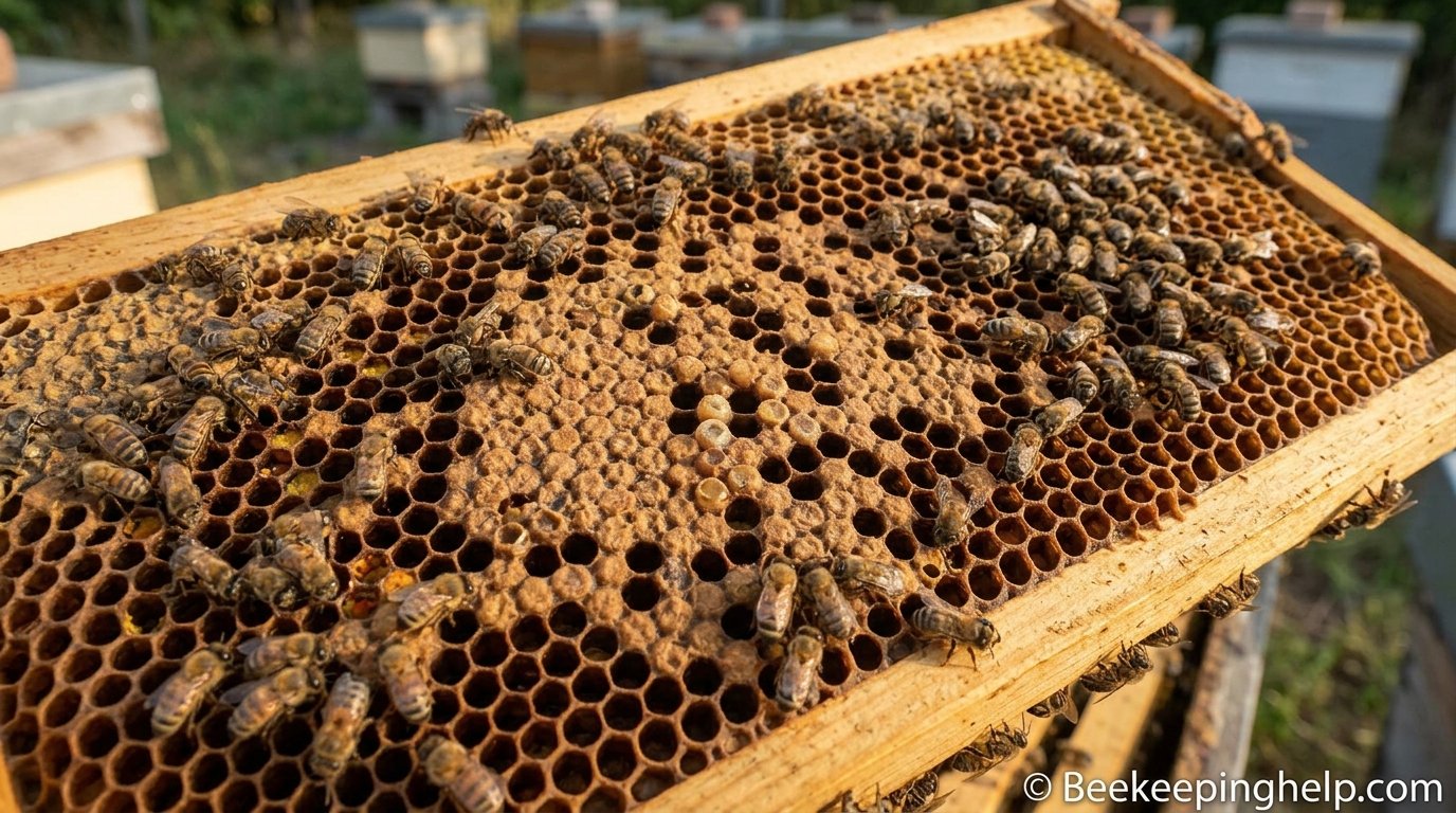 Close-up of bees on a frame showing reduced brood pattern typical of a dearth period