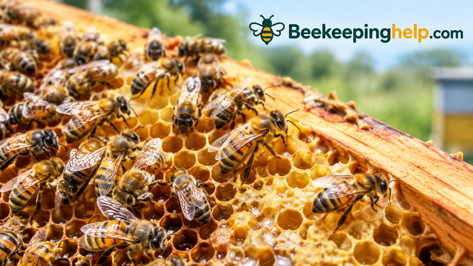 Close-up of honeybees on honeycomb frame