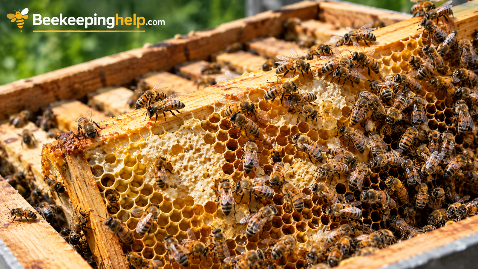Close-up of honeybees working on honeycomb inside an open hive box