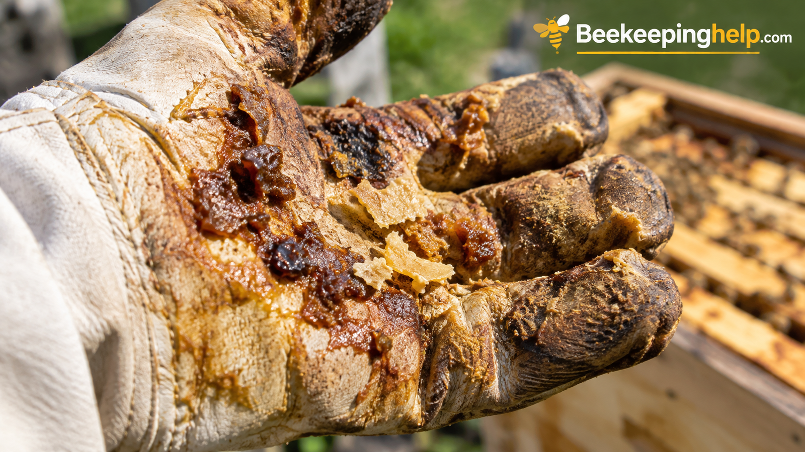 Close-up of propolis and wax residue on a used beekeeping glove