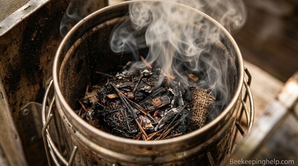 Close-up of smoker fuel smoldering inside a bee smoker chamber
