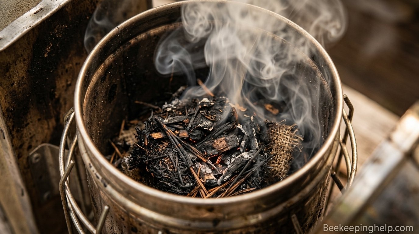 Close-up of smoker fuel smoldering inside a bee smoker chamber