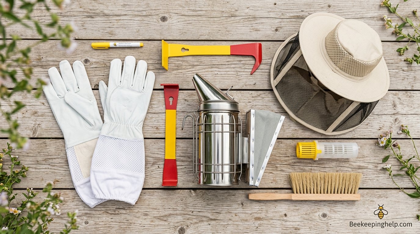 Flat lay of beekeeping starter equipment including a hive tool, smoker, and gloves