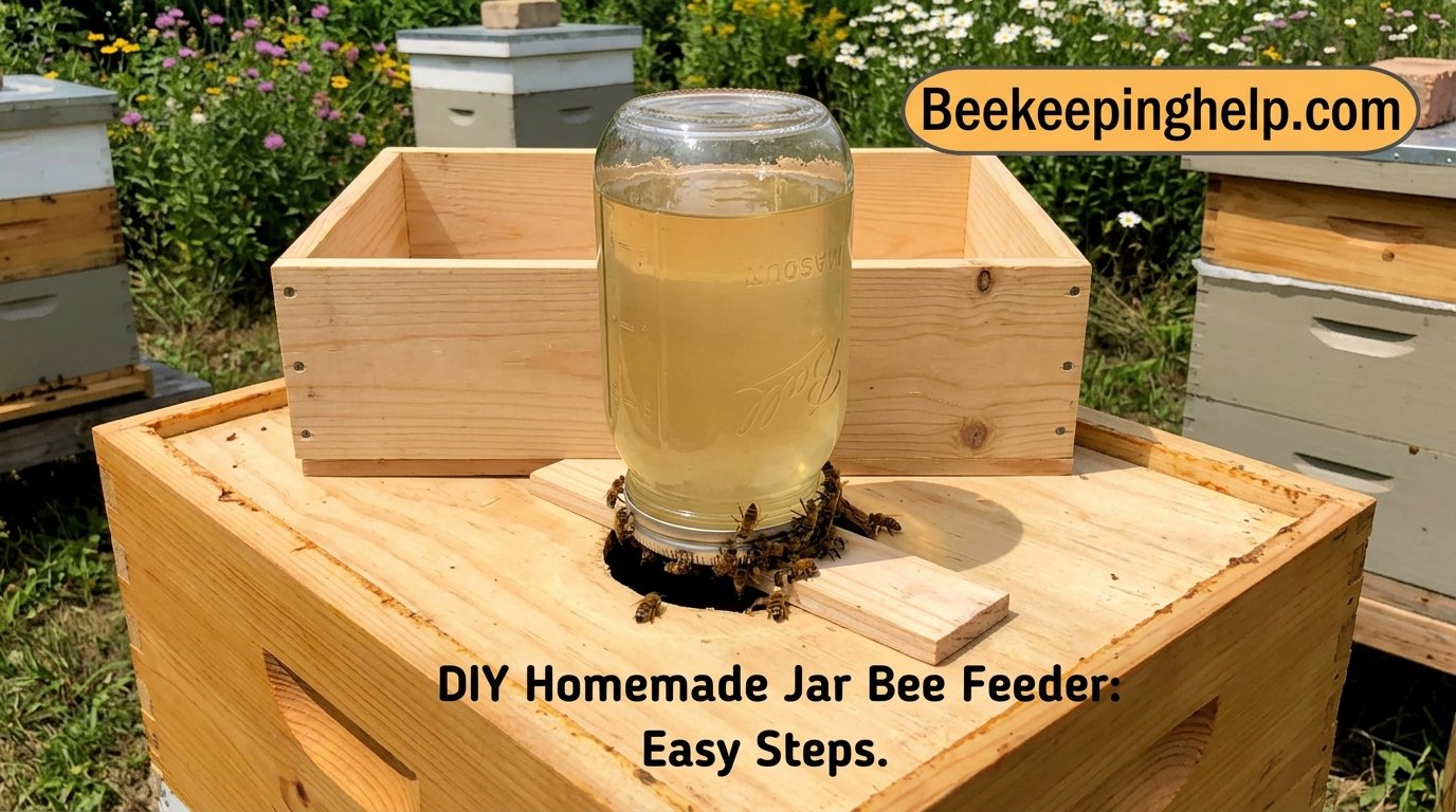 Homemade jar bee feeder on a hive
