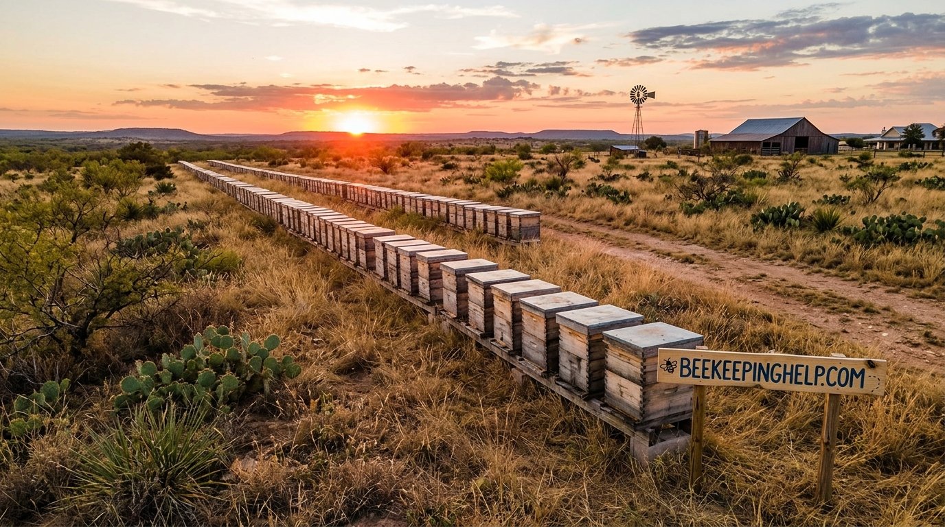 Rows of Langstroth beehives set up on a Texas ranch